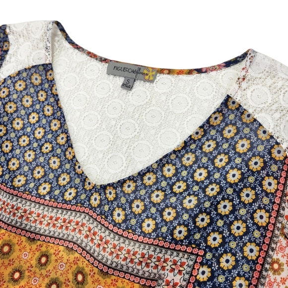 Figueroa & Flower Boho Patchwork Lace Trim Blouse Small V-Neck Flowy Festival - Picture 13 of 16